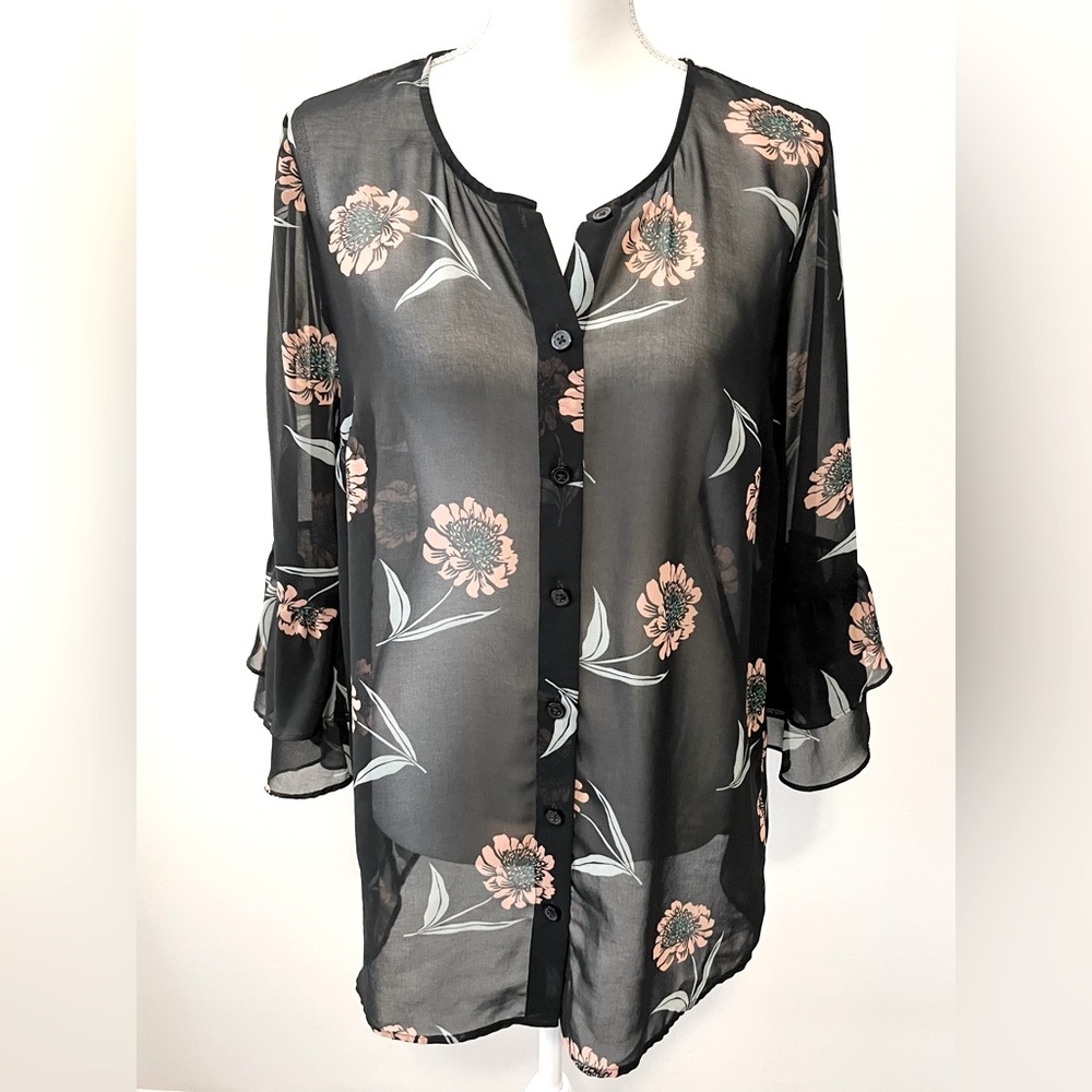 Cabi La Di Da Black Sunflower Floral Chiffon Top Blouse Style 5206 Size …